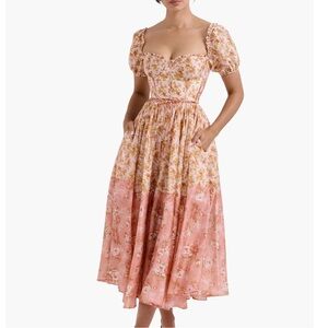 Charley Floral Print Puff Sleeve Cinch Waist Colorblock Midi Dresses, LARGE